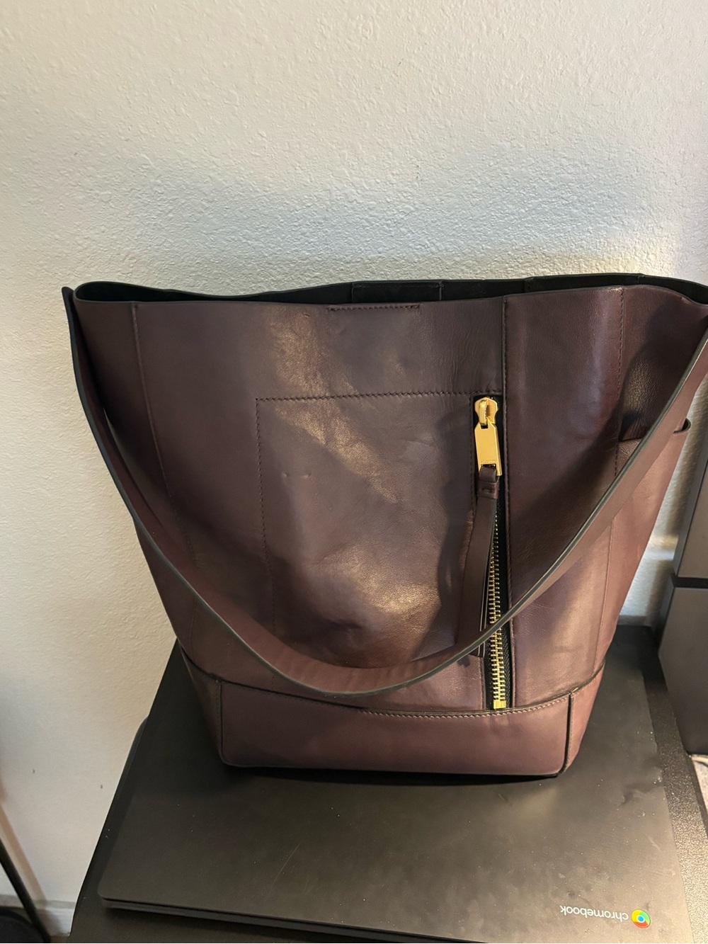 All Saints Deep Plum Leather Tote with Gold Hardware